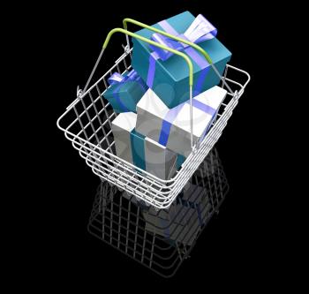 Royalty Free Clipart Image of a Shopping Basket Full of Presents