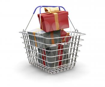 Royalty Free Clipart Image of a Shopping Basket Full of Presents