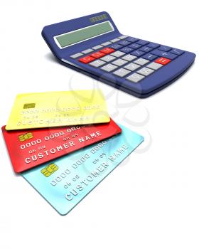 3D Render of generic credit cards  with a calculator