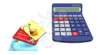 Padlock on generic credit cards  with a calculator