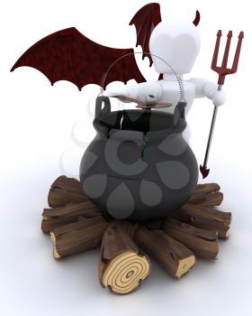 3D render of deamon with cauldron of eyeballs on log fire