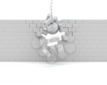 3D Render of a Wrecking ball demolishing a wall