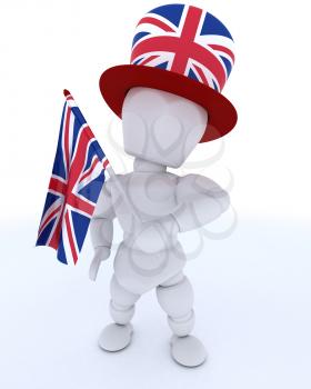 3D render of Man in Union Jack Hat with Flag