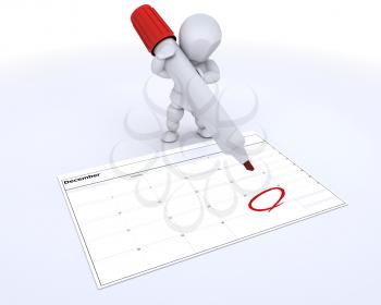 3D render of a white character with a calender