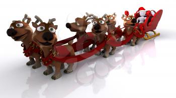 3D render of santas sleigh and reindeer