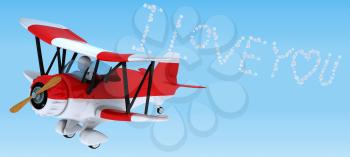 3D render of aMan sky writing in a biplane