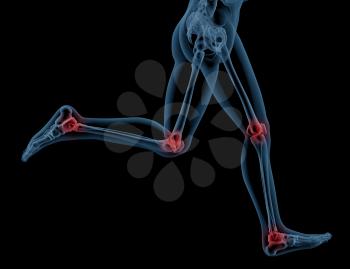 3D render showing the legs of a medical skeleton running with pressure points highlighted