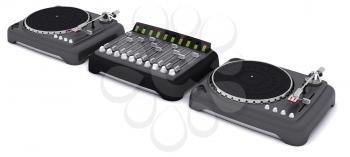 3d render of a DJ mixing desk turntables and speakers