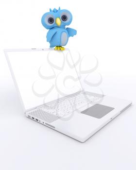 3D Render of a Cute Blue Bird Character with a laptop