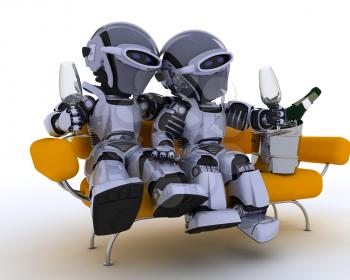 3D render of a robots sitting on a sofa drinking champagne