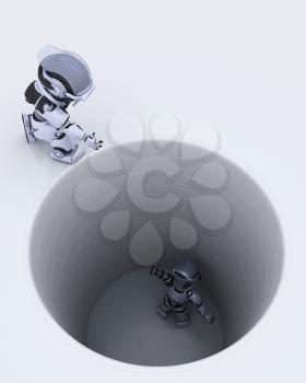 3D render of a robot stuck in a hole metaphor