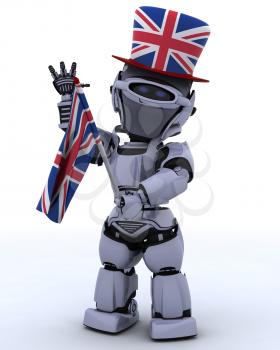 3D render of Robot in Union Jack Hat with Flag