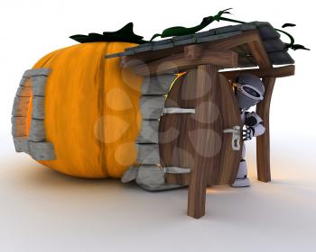 3D Render of Robot in Halloween Pumpkin Cottage