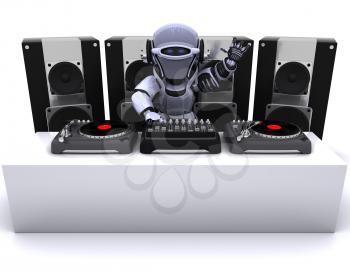 3D render of a Robot  DJ mixing records on turntables