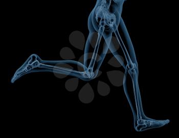 3D render of close up of a medical skeleton legs running