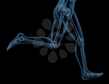 3D render of close up of a medical skeleton legs running