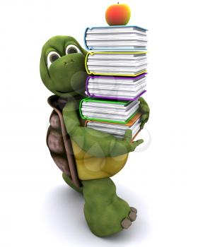 3D render of Tortoise with school book and apple