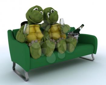 3D render of a tortoises on a sofa drinking champagne