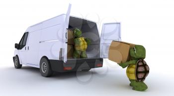 3D render of a tortoises loading a van