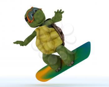 3D render of a tortoise riding a snowboard