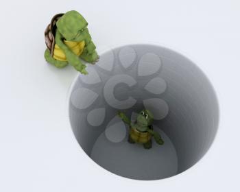 3D render of a tortoise stuck in  hole metaphor