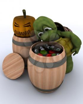 3D render of a tortoise bobbing for apples in a barrel