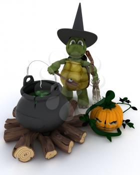 3D render of tortoise witch with cauldron of eyeballs on log fire