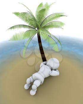 3d render of man on an island under a palm tree