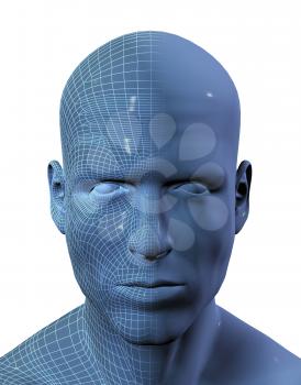 3D render of a males face with half the face in wireframe