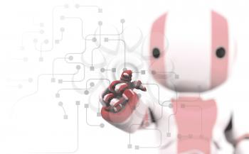 A red and white robot pointing his finger against a transparent window of circuitry and programming. Slight DOF