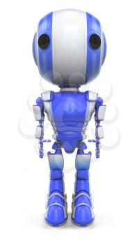 A robot standing straight up and looking forward at the viewer. 