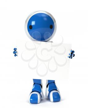 Royalty Free Clipart Image of a Blue Robot with a Circle on his Face Holding a Blank Sign.