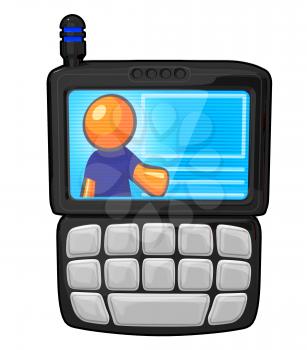 Royalty Free Clipart Image of an Orange Man on a PDA phone.