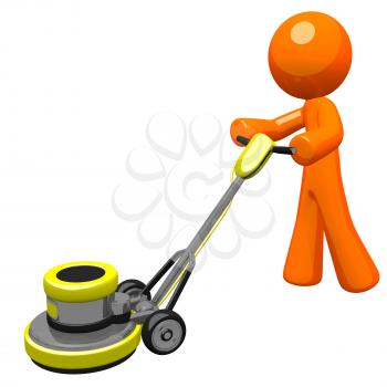 3d orange man with floor scrubber.