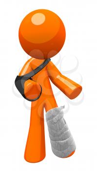Orange man with a cast and sling, limping about. Injury, safety, and insurance illustration.