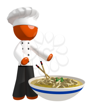 Orange Man Chef holding Bow of Noodles