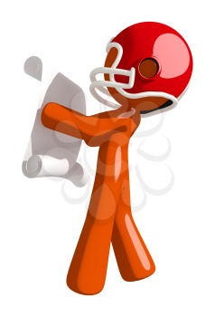 Football player orange man checking a large score sheet viewed from rear.