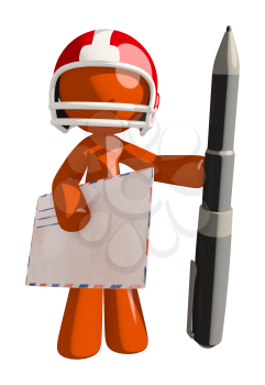 Football player orange man holding a large envelope or pen.