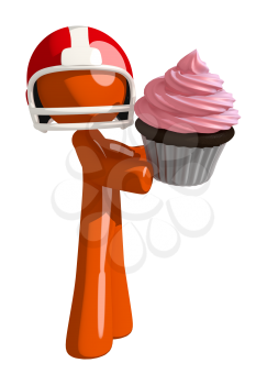 Football player orange man holding a giant cupcake.