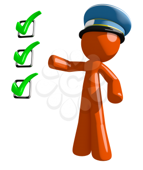 Orange Man postal mail worker  Pointing Green Checkmark List