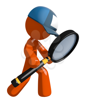 Orange Man postal mail worker  Looking through Magnifying Glass