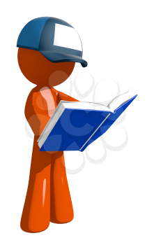 Orange Man postal mail worker  Standing Reading Book