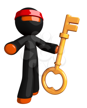 Orange Man Ninja Warrior Standing with Large Gold Key