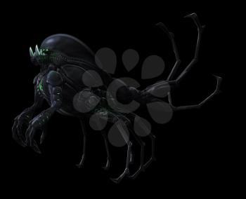 Underground alien concept, suspended in black space. Crawls caves and recesses far below the floor of the ocean. 