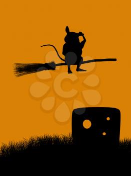 Royalty Free Clipart Image of a Mouse on a Broomstick Over Cheese