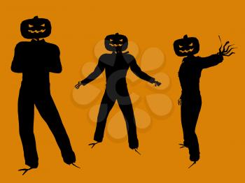 Royalty Free Clipart Image of Three Jack-o-Lantern Scarecrows