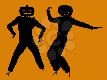 Royalty Free Clipart Image of Two Jack-o-Lantern Scarecrows