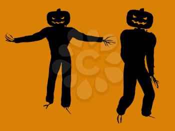 Royalty Free Clipart Image of Two Jack-o-Lantern Scarecrows