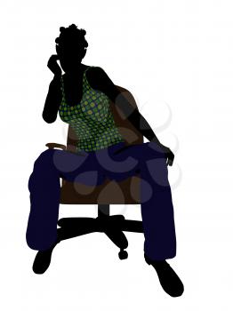 African American casual dressed female sitting on a chair silhouette on a white background