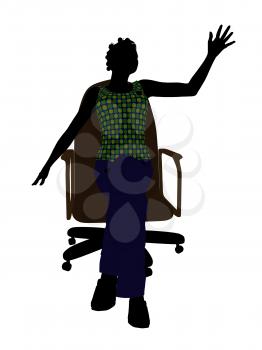 African American casual dressed female sitting on a chair silhouette on a white background